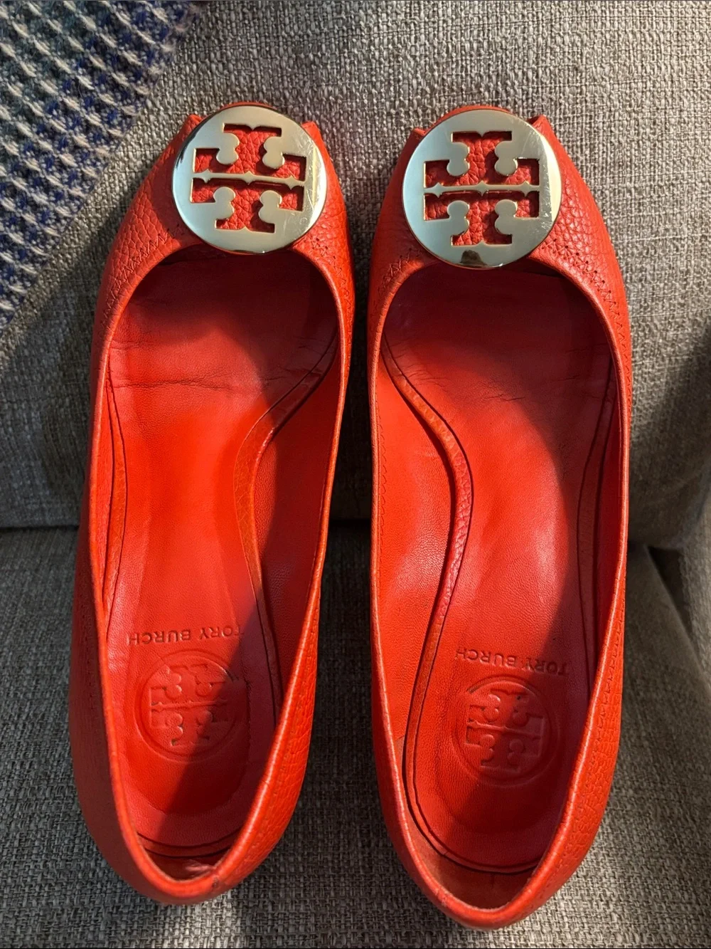 Tory Burch Sally Peep Toe Orange Pebbled Leather Sandals- 7